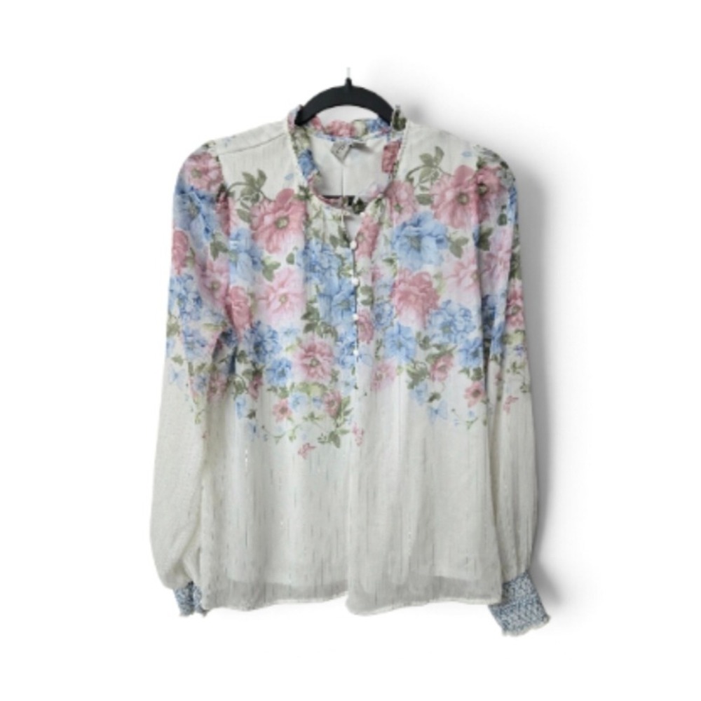 Joie Blouse Size Large Cottagecore Pastels Floral Metallic Stripe Fairycore Chic